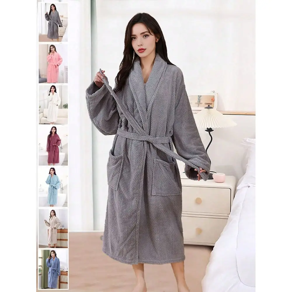 

Coral Fleece Womens Long Bathrobe, Multiple Colors Available, With Hood, Belt And Pockets, Fluffy Soft Warm, Unisex Bath Towel