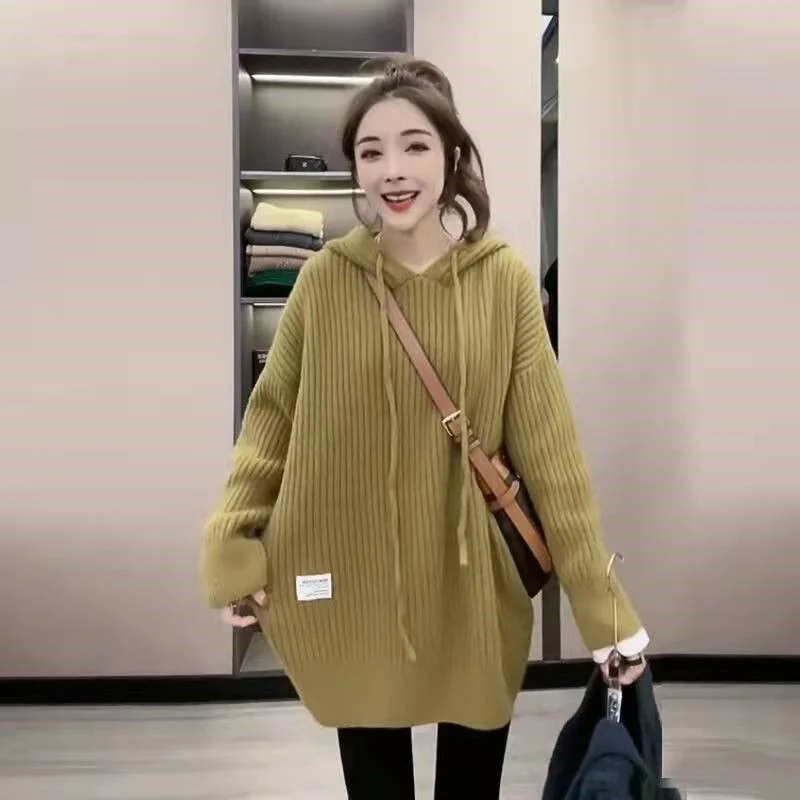 

Autumn Winter Hooded Base Shirt Pullover Knitted Sweater Women New Solid Color Loose Medium Length Thickened