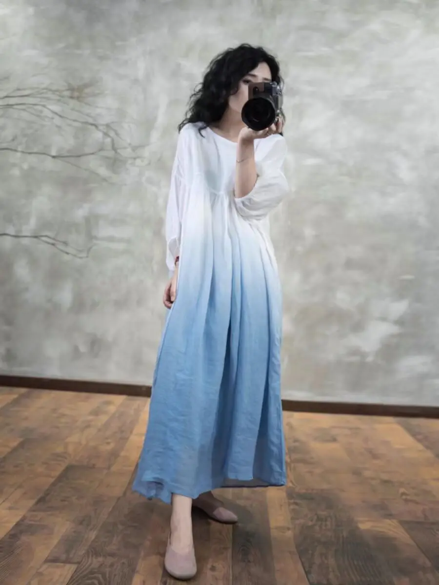 Vestido de Verão Novo Estilo em Mistura de Aodão Leve com Cores adativas, Saia em Camadas Duplas, Manga Lanterninha e Dec...