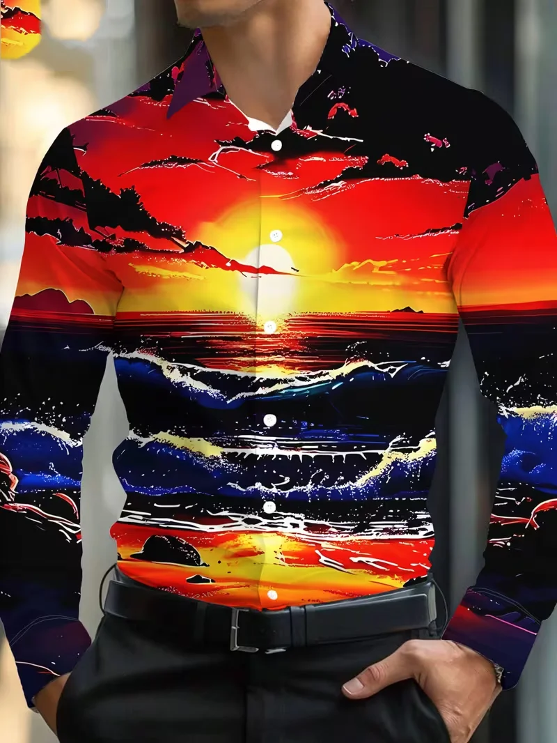 New Hawaiian men's fashionable casual snow mountain street beach 3D wave print long sleeved button up shirt top