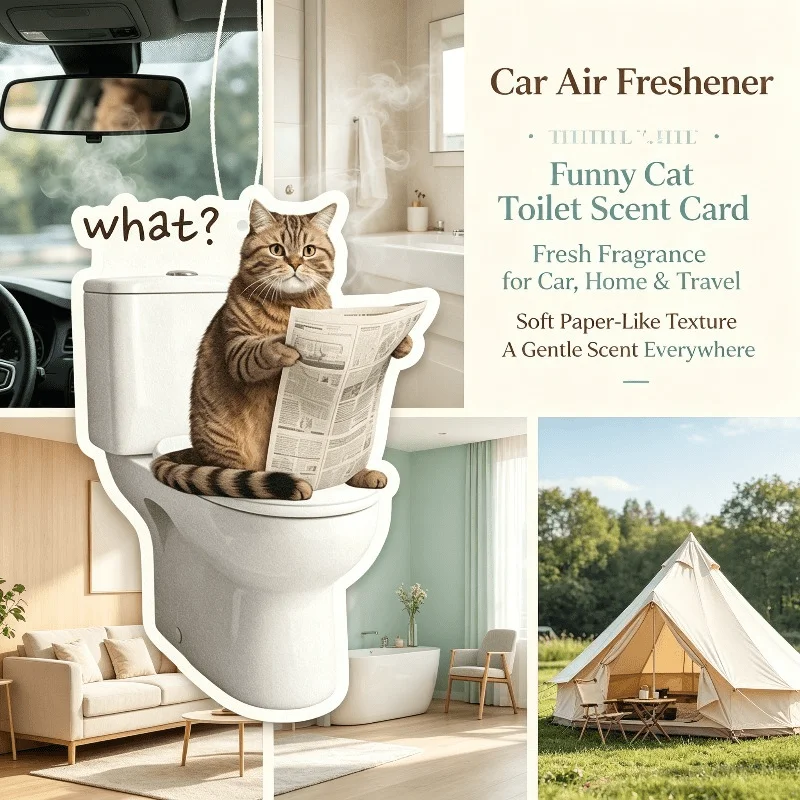 Car Air Freshener Funny Tabby Cat Reading Newspaper On Toilet Hanging Scent Card for Car Interior Rearview Mirror Ornament Gift