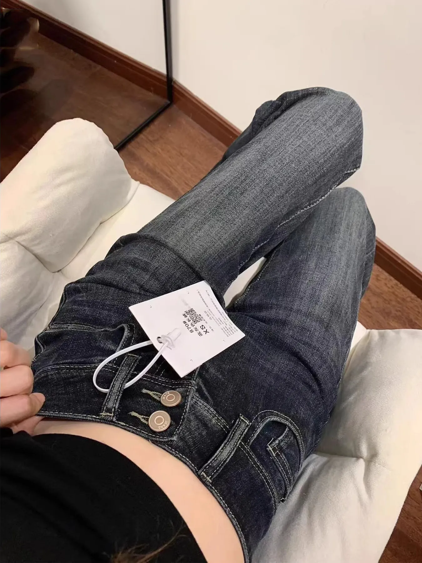 

Американские сине-серые джинсы-клеш с высокой талией для женщин, с двойной застежкой, эластичные, утягивающие, струящиеся, длиной в пол