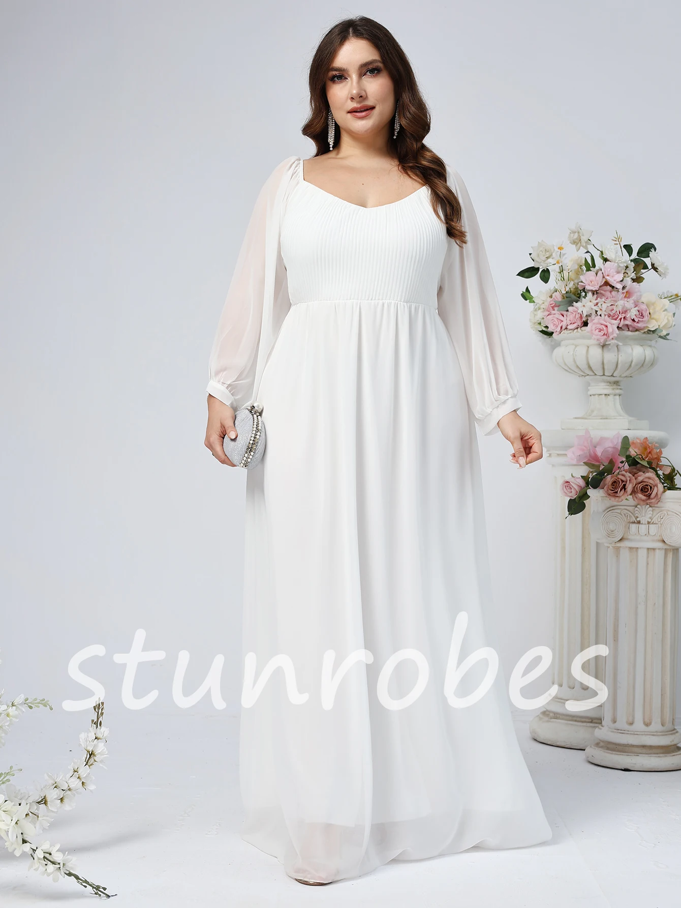 Robe de mariée blanche classique à manches longues, col carré, dos nu simple avec nœud, robe de mariée campagnarde