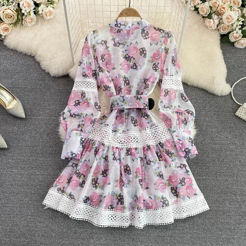 2025 Fashion Embroidery Lace Hollow Out Stitching Flower Dress Women Single Breasted Lantern Sleeve Floral Print Belt Vestidos