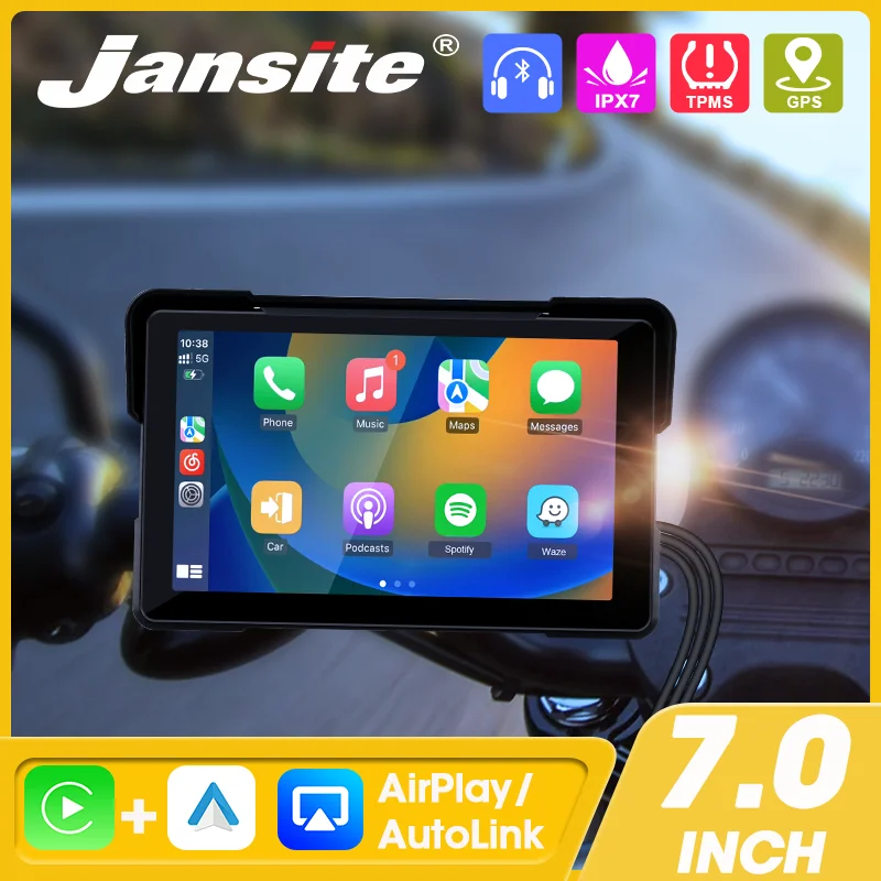 Jansite المحمولة 7 بوصة دراجة نارية الملاحة GPS Carplay أندرويد السيارات IPX7 مقاوم للماء المزدوج BT IPS شاشة تعمل باللمس AirPlay AutoLink