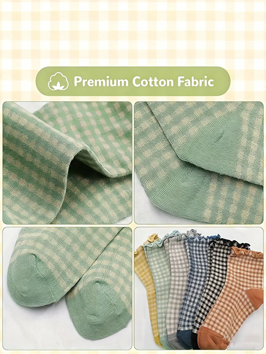 6 Paar Vintage Karierte Spitzen-Mid-Tube-Socken für Mädchen mit Bogenrand, Bunte Niedliche Kurzsocken – Detail 6
