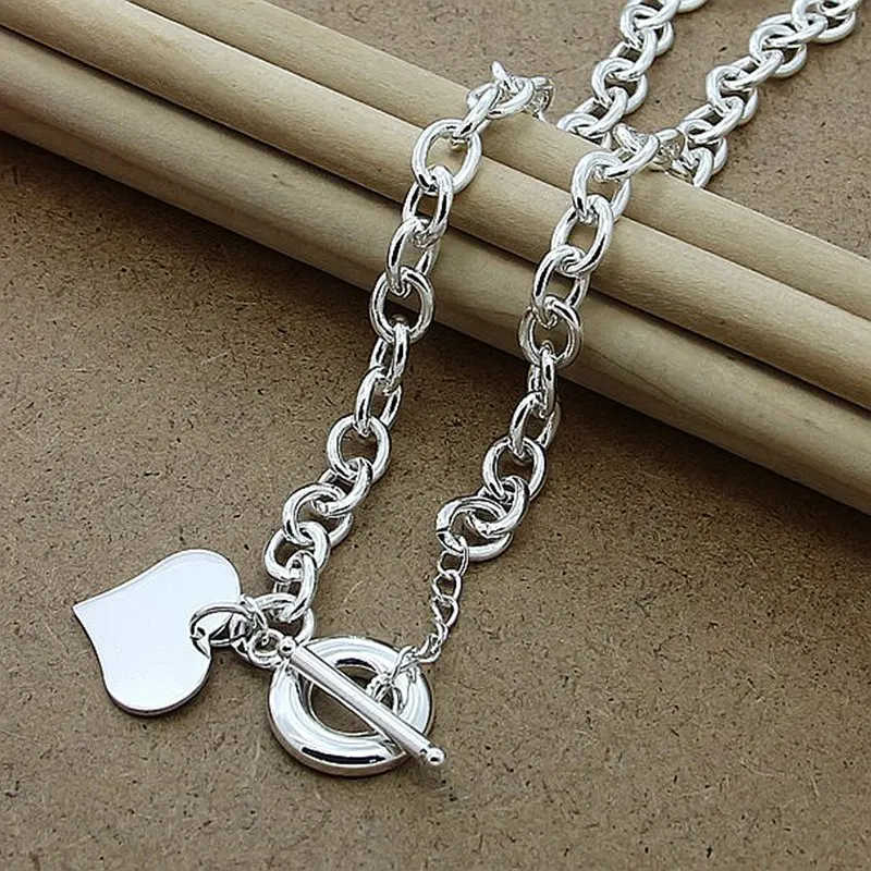

925 Sterling Silver Heart Pendant Necklace Woman Man 18 Inches Chain Wedding Engagement Party Jewelry Gifts