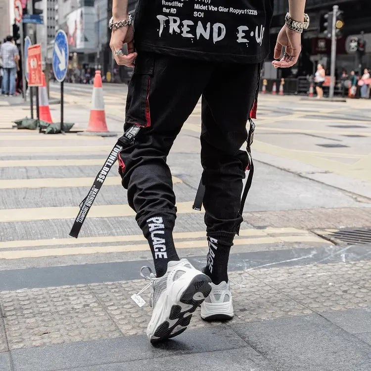 Classic Streetwear Hip Hop Joggers Men Letter Ribbons Cargo Pants Pockets Track Tactical Casual Male Trousers Sweatpant K111