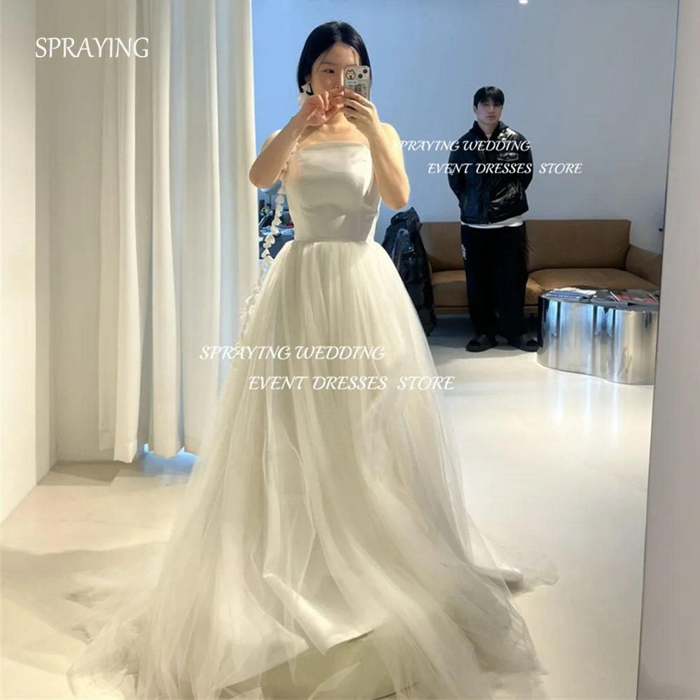 

SPRAYING Elegant Ivory Wedding Photo Shoot Dresses Strapless Satin Floor Length Tulle Korea Bridal Gowns Corset 웨딩드레스 Customized
