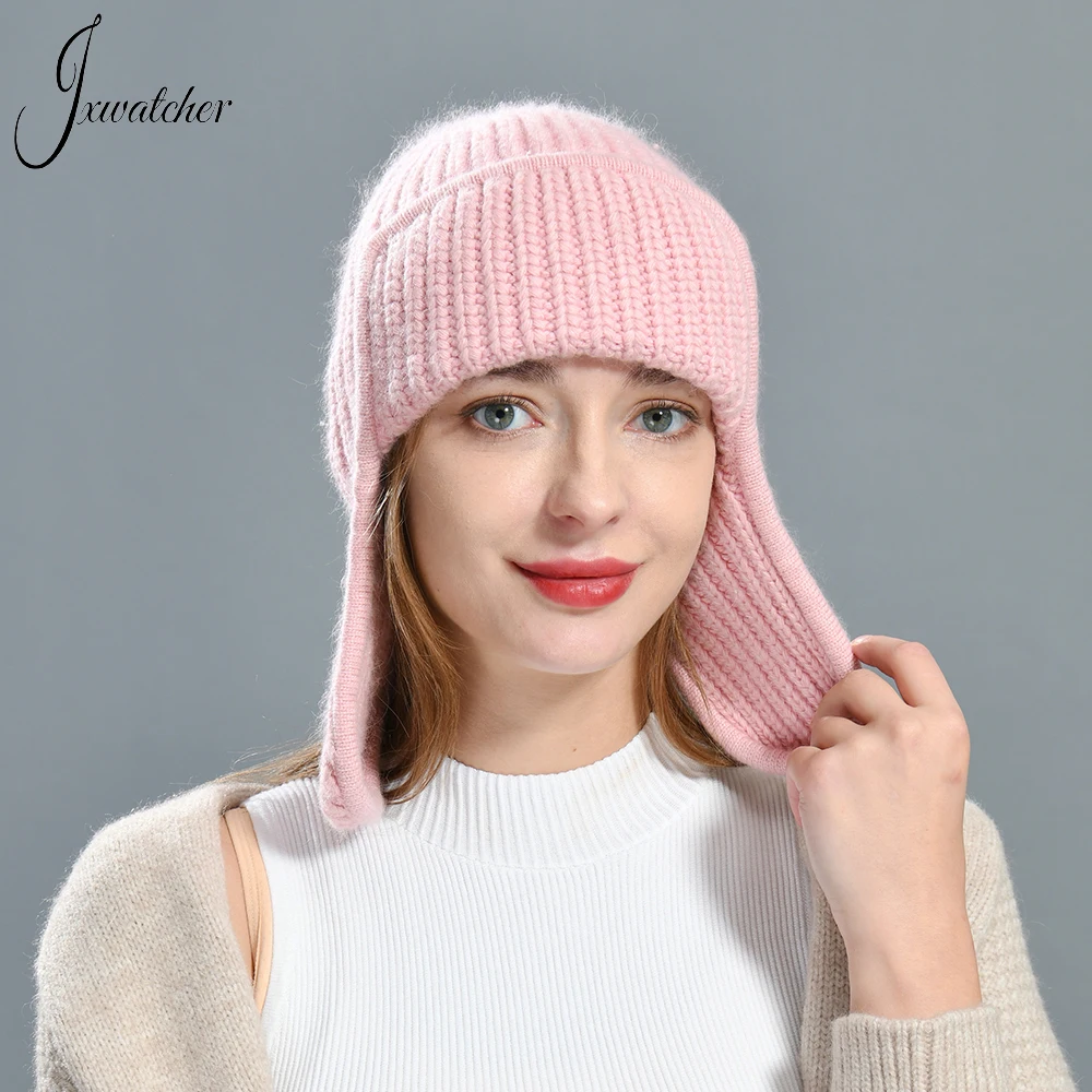 Jxwatcher Women Cashmere Beanie Hat Autumn Winter Solid Comfortable Warm Hat With Earflaps 2022 New Thicken Female Skullies Cap