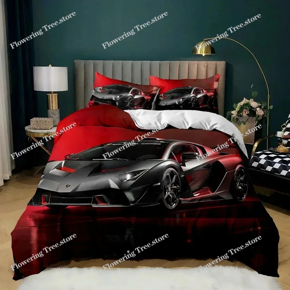 Race Car Bedding Set Twin Size Burning Red Flame Duvet Cover Set 3D Sports Car Comforter Cover King Polyester Quilt Cover