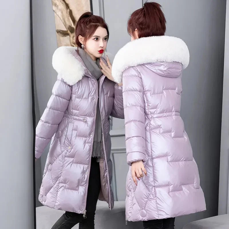 Winter New Glossy Down Padded Jacket Women Long Thick Hooded Cotton Coat Female Collar Parkas Coats Korean Loose Jacket