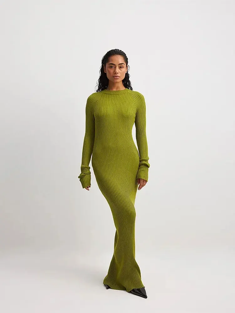 Ximina Women Ribbed Knitted Maxi Dress Female Elegant O-Neck Long Sleeve Bodycon Greed Dresses 2024 Spring Ladies Commuting Robe