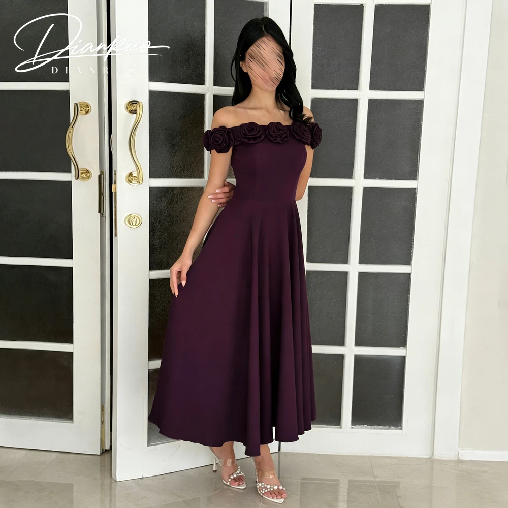 

Elegant Strapless Elastic Satin A-Line Evening Dress Customized فساتين سهرة Off The Shoulder Flowers Prom Party Gowns