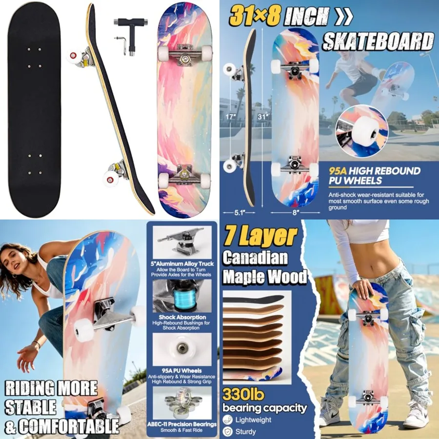 

Skateboards for Beginners Adults s Teens Girls Boys 31 Inch Pro Complete Skate Boards 7 Layer Canadian Maple Double Kick Concav