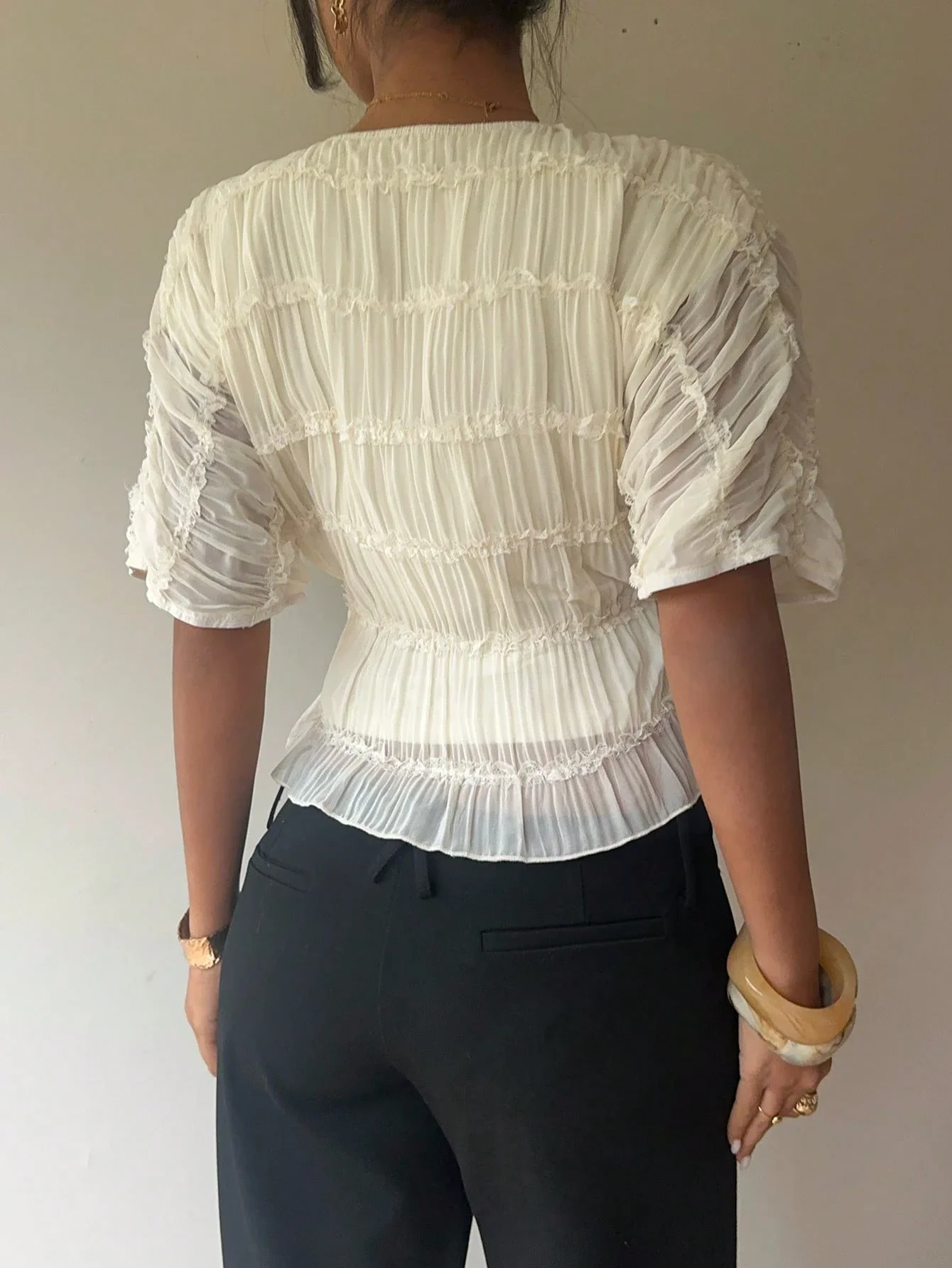 

Women's Solid Color Ruffle Crew Neck Blouse With Flare Sleeve And Cinched Waist