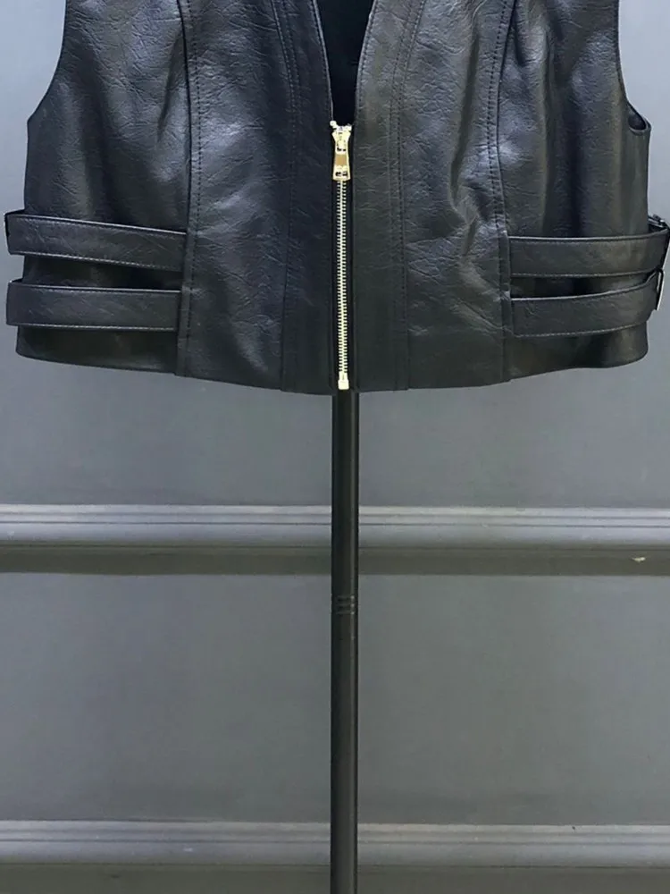 High Quality Ladies Solid Color V-Neck Leisure Style Genuine Leather Vest Handmade Zipper Sleeveless Loose Cowhide Outerwear