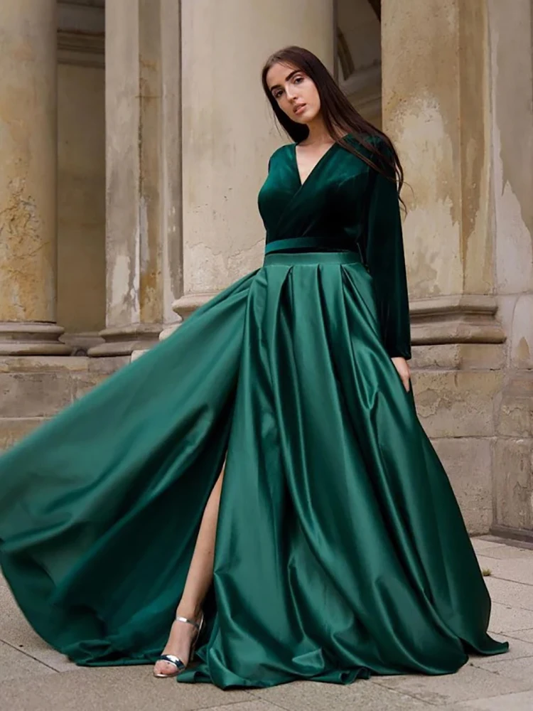 Abito da ballo verde moda manica lunga scollo a V lunghezza pavimento raso semplice compleanno abiti da sera donne abiti da laurea