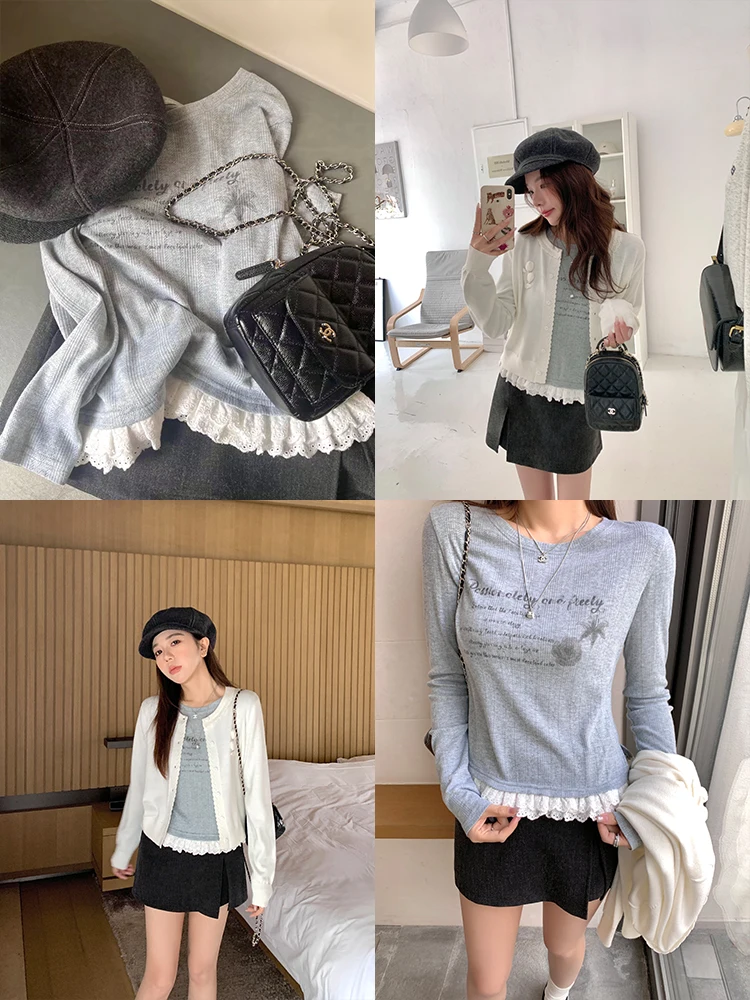 

Cheeseandkisses Hollow Knitted Material Long Sve T-irt Women's Base irt Patchwork Print Commute Sle Polyester V-Ne