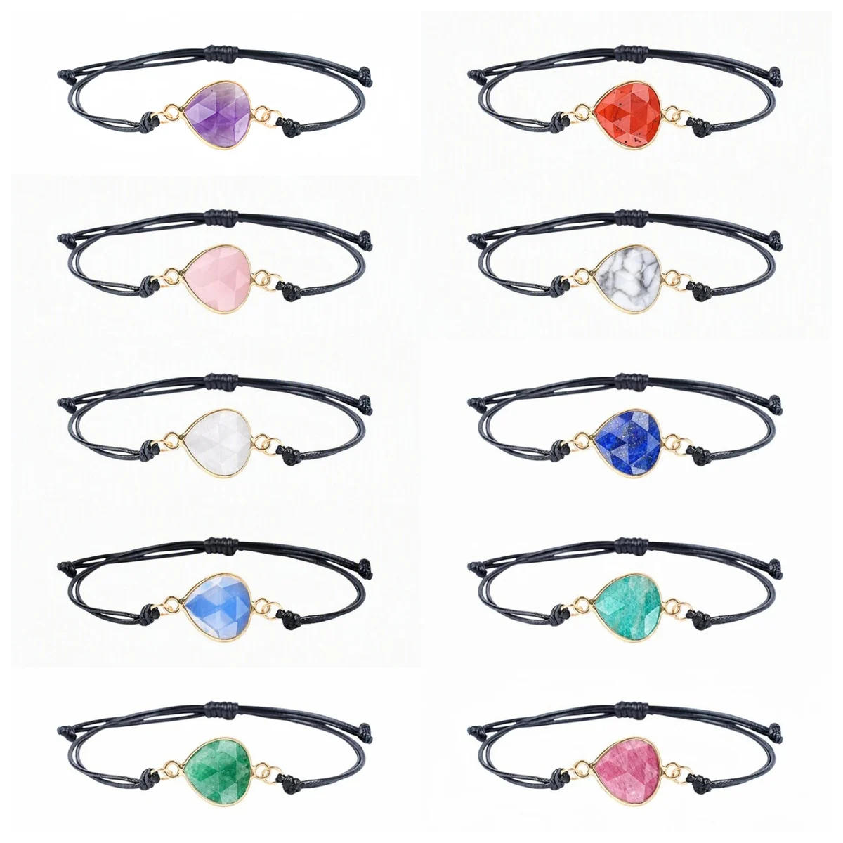 Faceted Triangle Gemstone Bracelet for Women Men Adjustable Bezel‑Set Healing Gemstone Unisex Handmade Jewelry