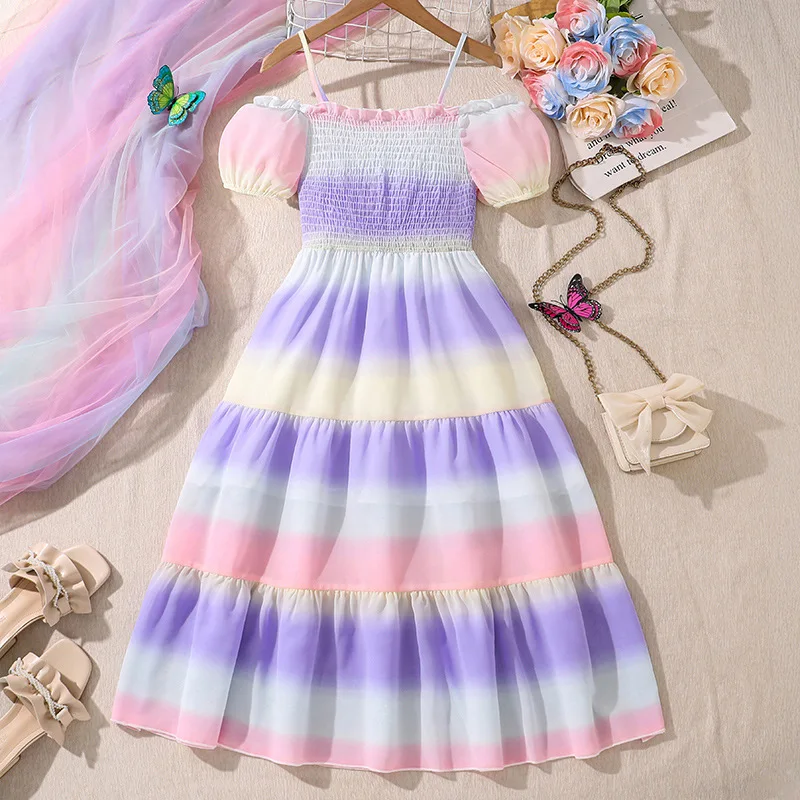 2025 New Arrival Girls Short Puff Sleeve Slash Neck Tie-dye Purple Cute Holiday Night Party Princess Dress Custume 8-12T