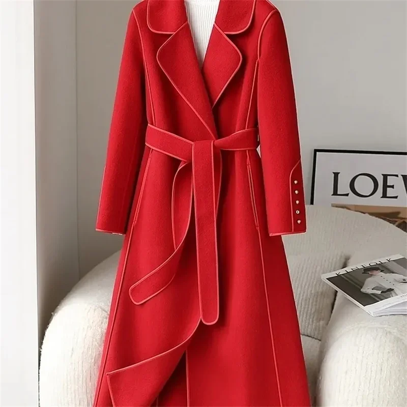 

Red Double-sided Cashmere Coat For Women's Woolen Windbreaker 2023 Autumn/Winter New Lady Slim High end Wool Overcoat ZT176