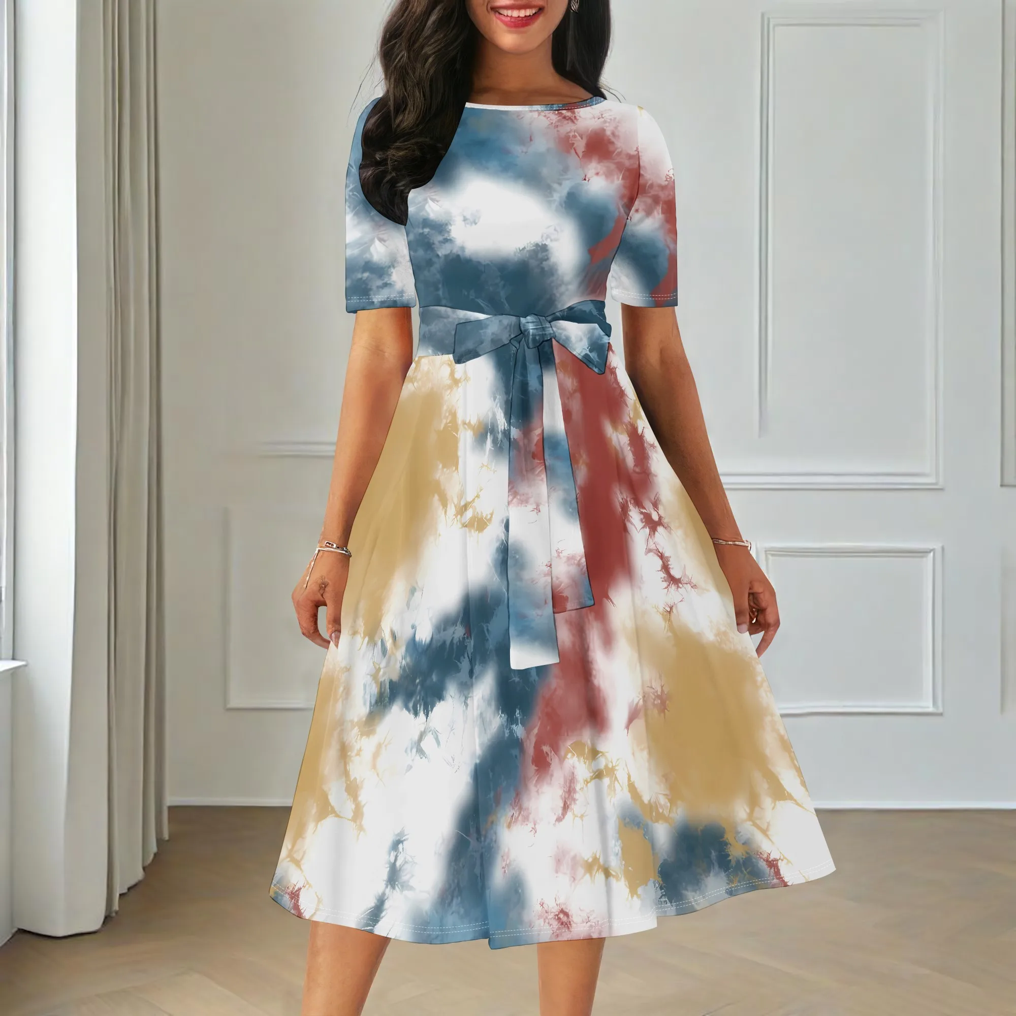 

EQQZD Standard Size Short Sleeve Pocket Dress, Colorful Tie-Dye Print Crewneck Dress with Belt, Stylish & Casual Dress for Women