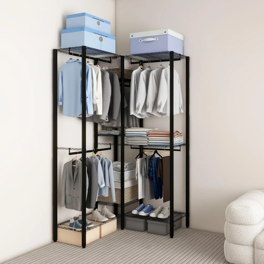 Heavy Duty Clothes Rack with Five Hanger Rods, Freestanding Metal Wardrobe Storage Rack with Adjustable 8 Tiers Wire Shelving