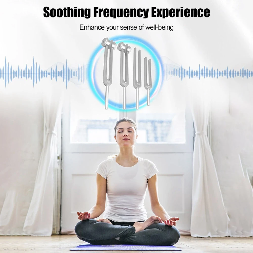 

B48B-Tuning Forks Set For Chakras For Healing Including 128Hz 136.1Hz 256Hz 384Hz With Hockey Puck Activator, Sound Therapy