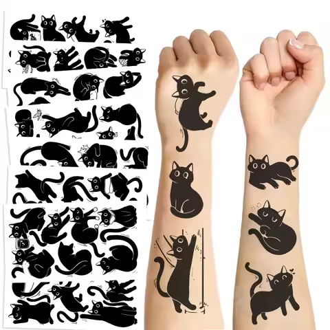 10pcs Cartoon Little Black Cat Series Tattoo Stickers Waterproof Party Party Gifts Funny DIY Fun Faces