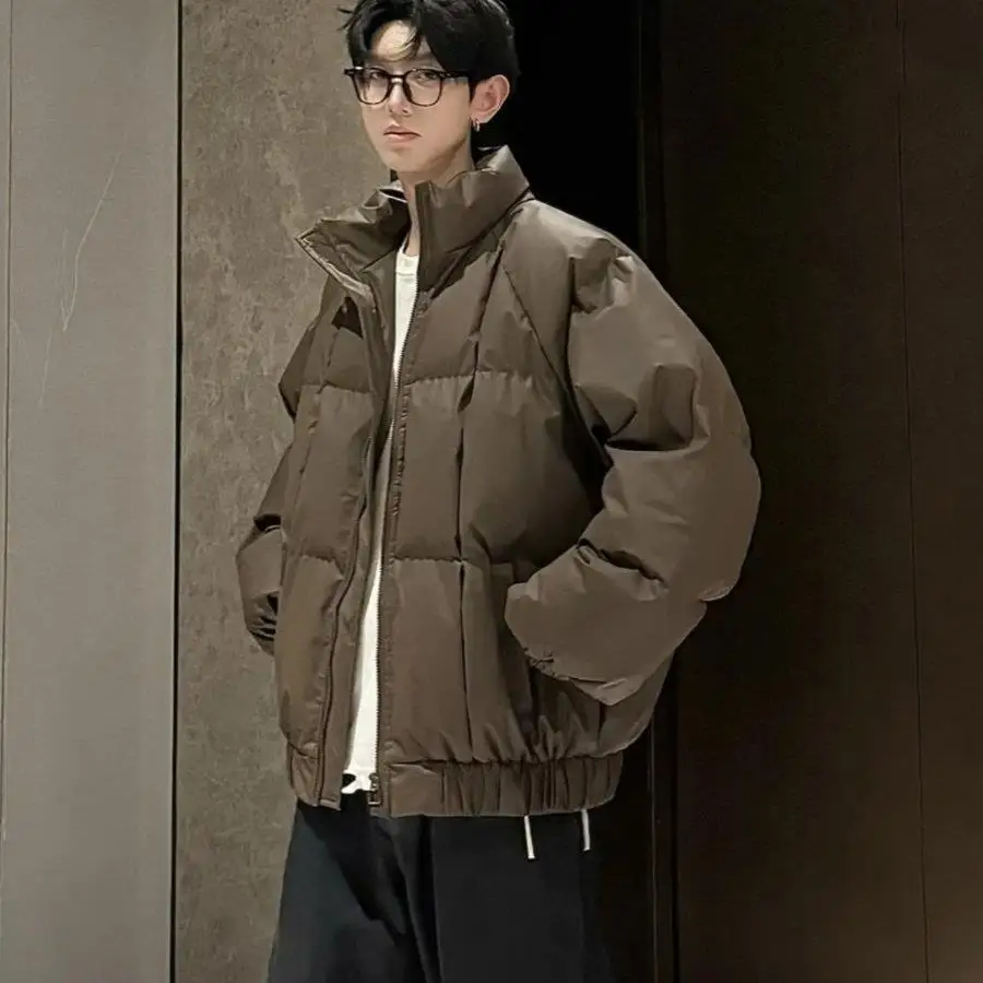 

Men's Thiened ort PU Leather down Jaet Winter Warm Stand Collar Bread ape Coat Casual Sle Water Proof Zipper Closure