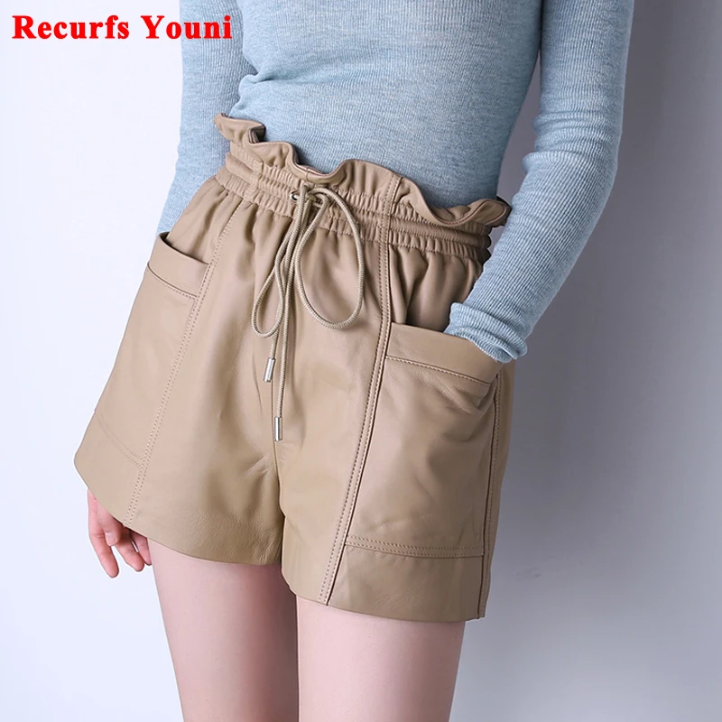 

100% Leather Shorts For Women Ladies Drawstring Ruffled Waist Large Pocket Wide Leg Casual Short Hot Pants Mujer Harajuku Ropa