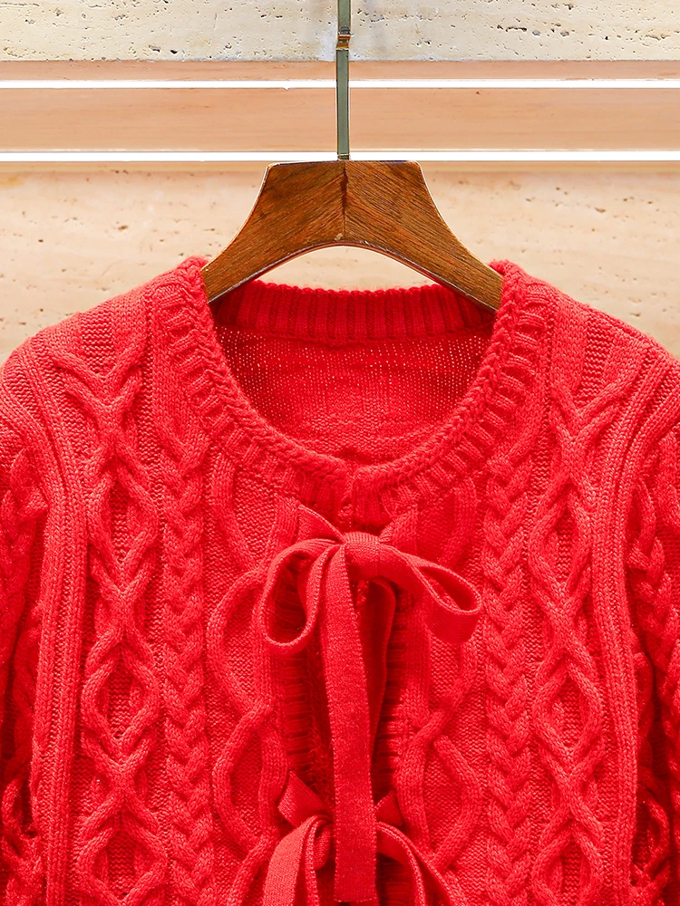 كارديجان محبوك مفتوح أنيق بحزام وعقدة فراشة للنساء، تصميم أوروبي راقي لفصل الربيع، نمط بسيط وقصير