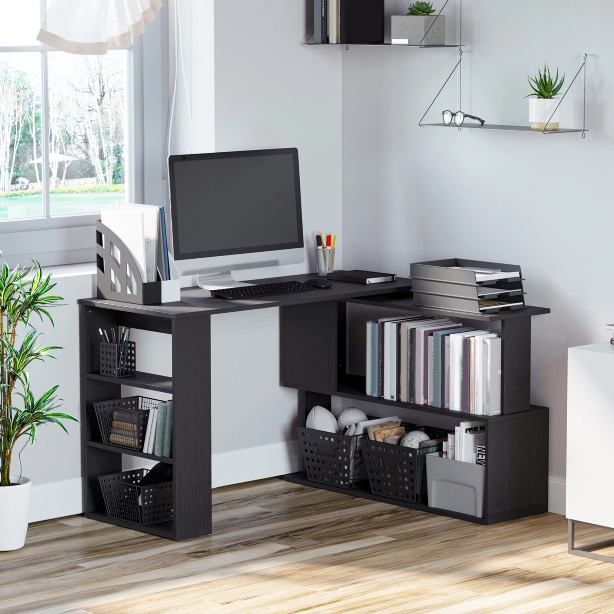 360° Rotating Home Office Corner Desk and Storage Shelf Combo  L-Shaped Table