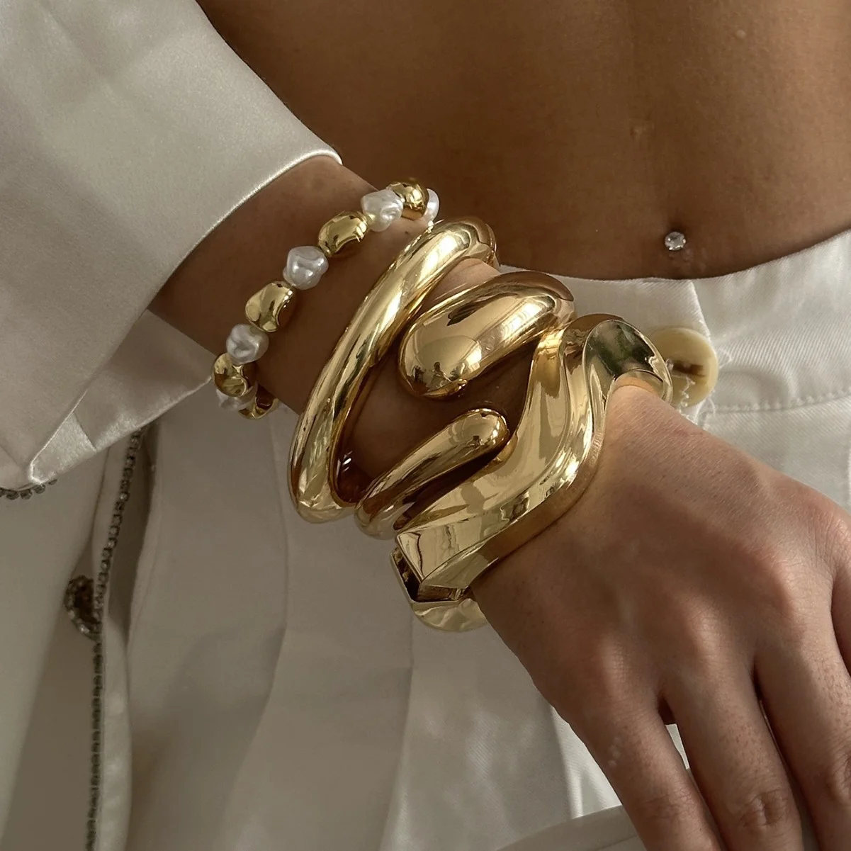 Fashion Exaggerated Wide Cuff Irregular Geometric Gold Color Chunky Bangles Bracelet for Women Men Punk Hip Hop  Jewelry Gift