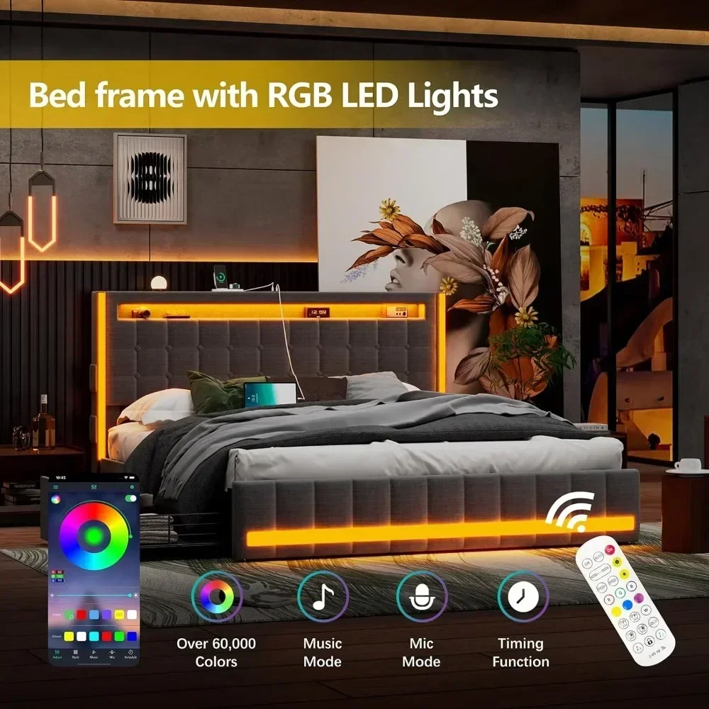 

Upholstered full-size bed frame with 4 storage drawers, RGB LED lights, charging station, adjustable headboard, dark grey