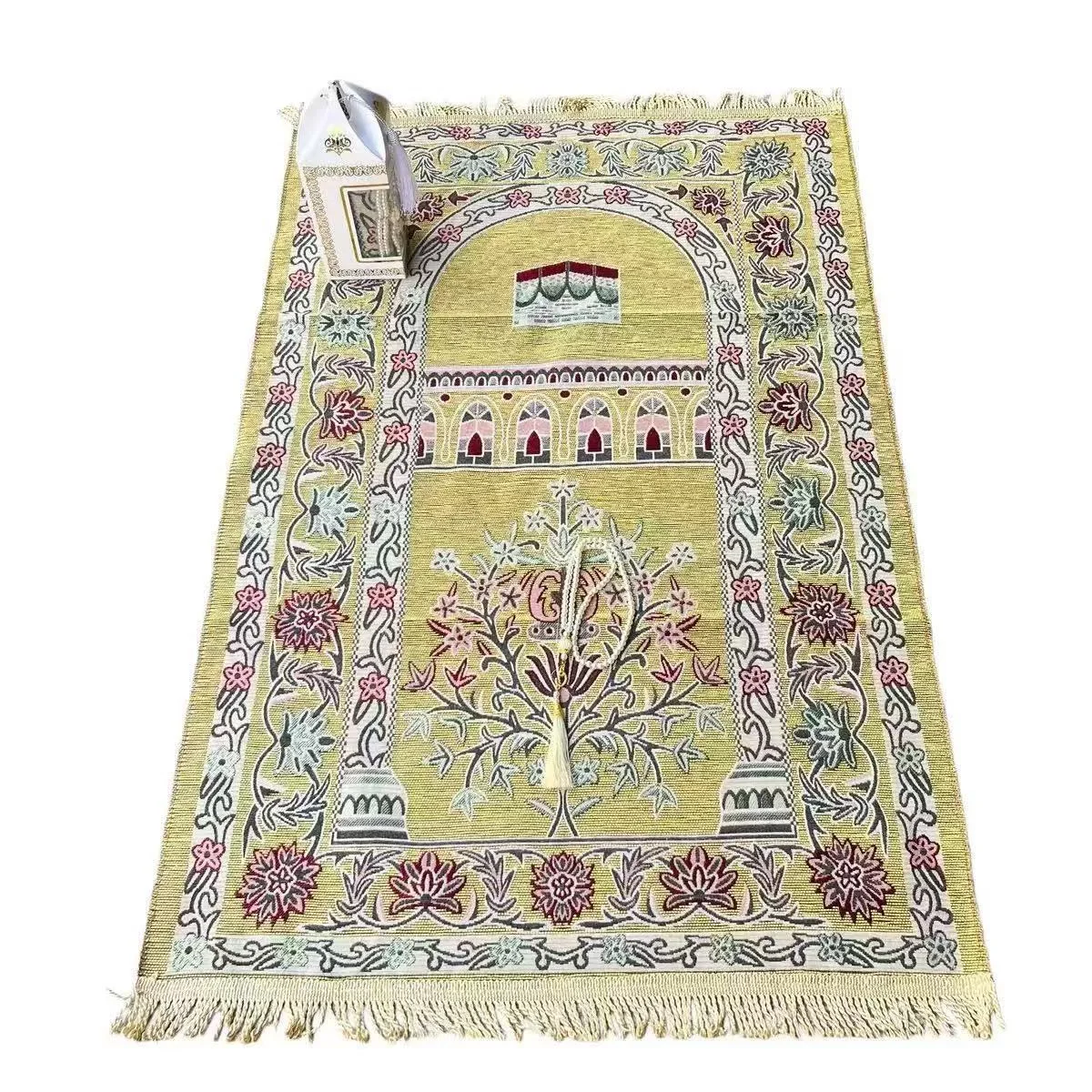 Islamic Prayer Rug Gift Set Kaaba Pattern Chenille Muslim Prayer Mat with Rosary & Gift Box for Ramadan Presents