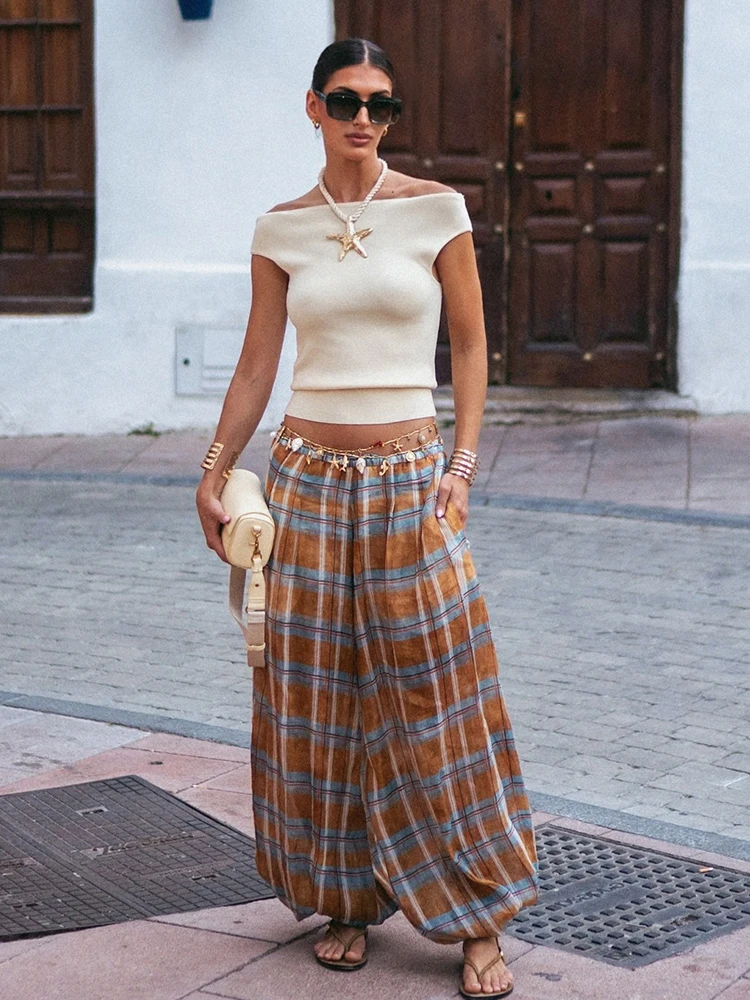 

HH Women's Autumn Fashion Ramie Bloomers Plaid Printed Loose Pants Female High-Waist Drawstring Streetwear Casual Trousers