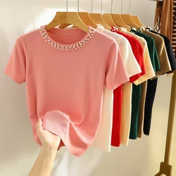 Abbigliamento donna moda o-collo Flares ricamati t-shirt sottile estate Casual solido manica corta Top Tee Office Lady Chic Pullover