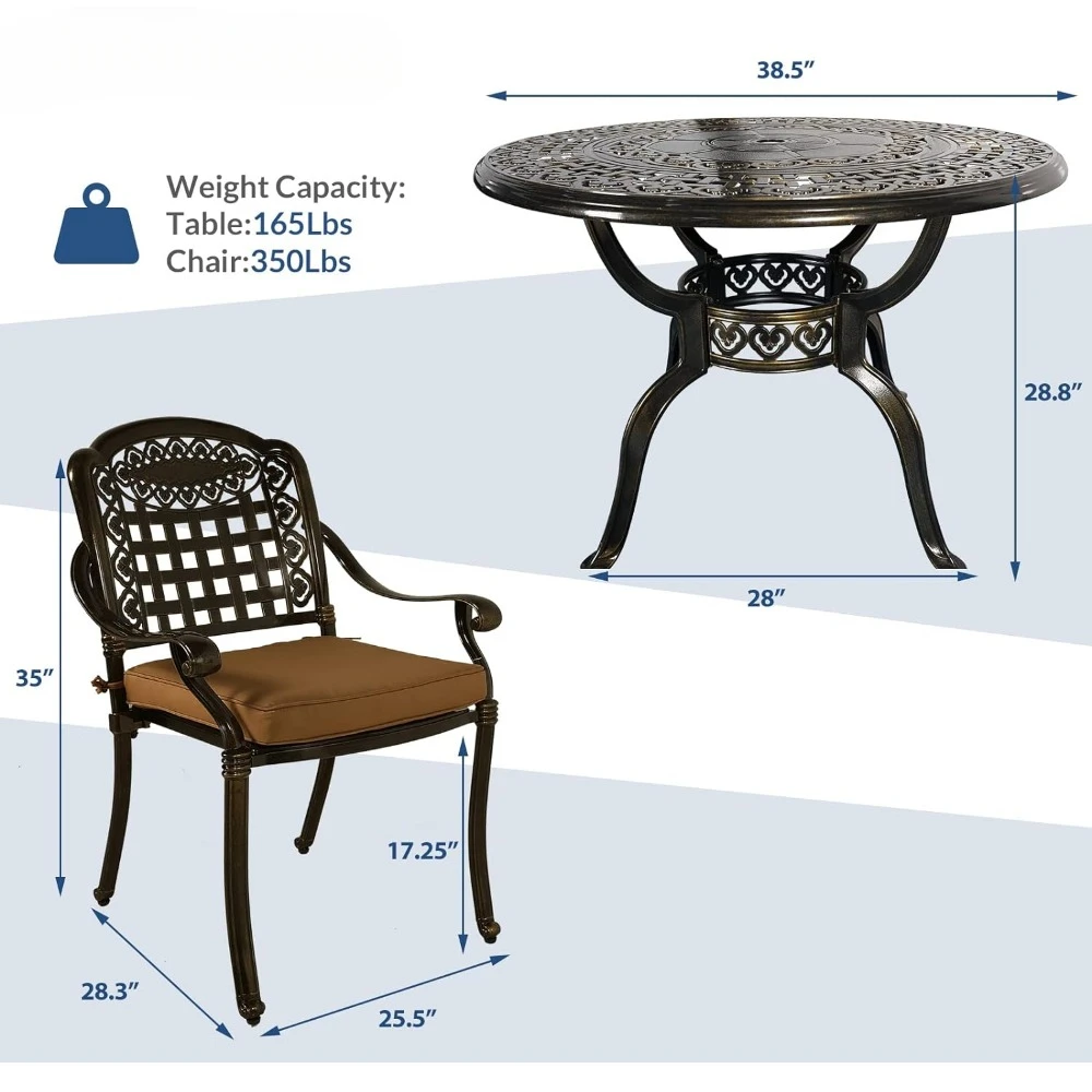 5 Pieces Outdoor Furniture Dining Set, Cast Aluminum Round Patio Table with Umbrella Hole and 4 Cushioned Dining Chairs