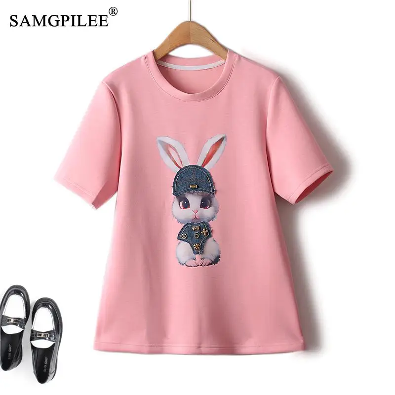 

Sweet Beauty Oversized T-shirt Summer 2023 New Cute Rabbit Cartoon Figure Pin Beads Slim Short Sleeve Cool Fashion Top Women 4XL