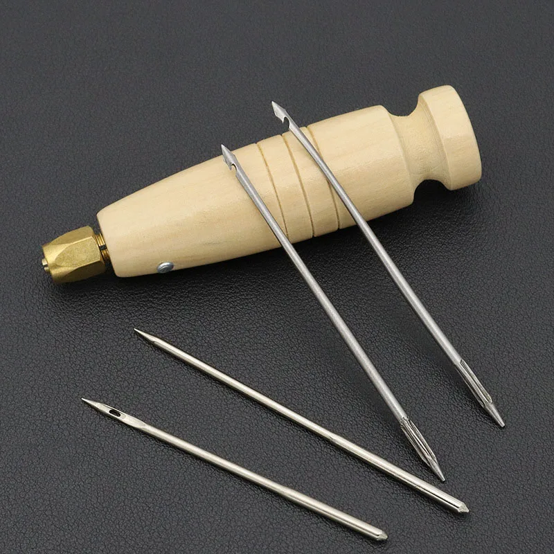 1Set DIY Leather Sewing Leather Sewing Awl Needle With Wood Handle Set Leather Canvas Shoe Repairing Tool Kit