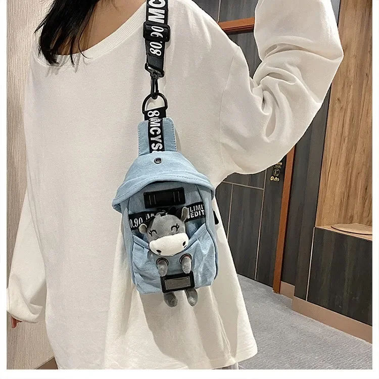 Ins Korean Denim Canvas Crossbody Chest Bag Kawai Bear Lamb Casual Waist Belt Bag Adjustable Cool Crossbody Chest Bags Hip Purse