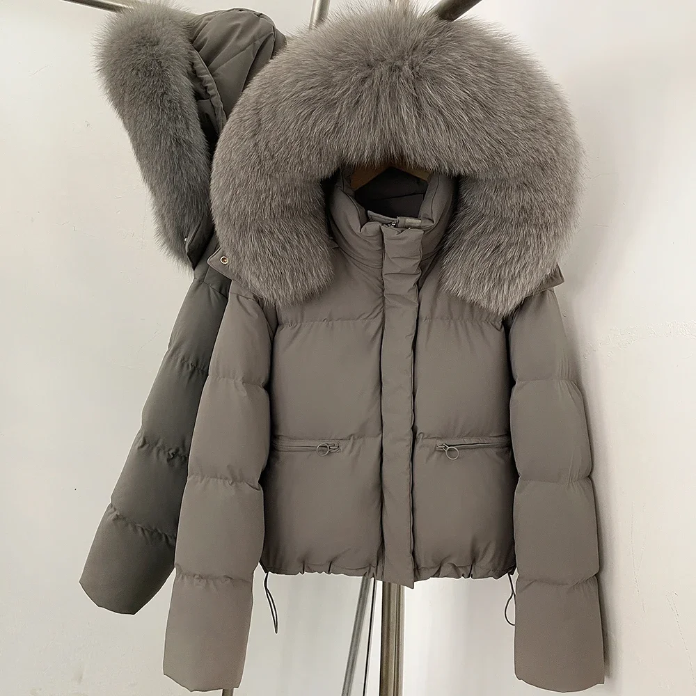 Women's Thick Winter White Duck Down Coat Warm Down Jacket with Real Fox Fur Collar Hooded Windproof Quilted Puffer Coat Luxury