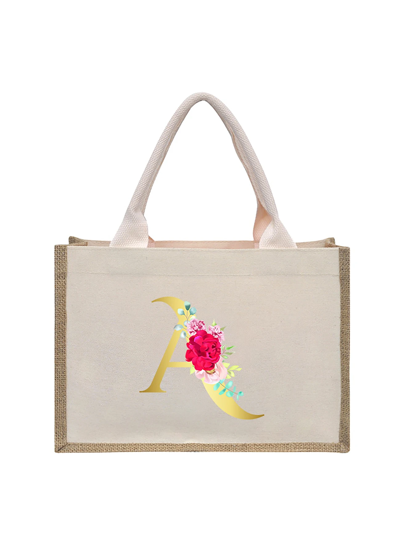 Tote bag shopping bag canvas and jute large capacity simple fashion soft handles golden letters & rose suitable women and men