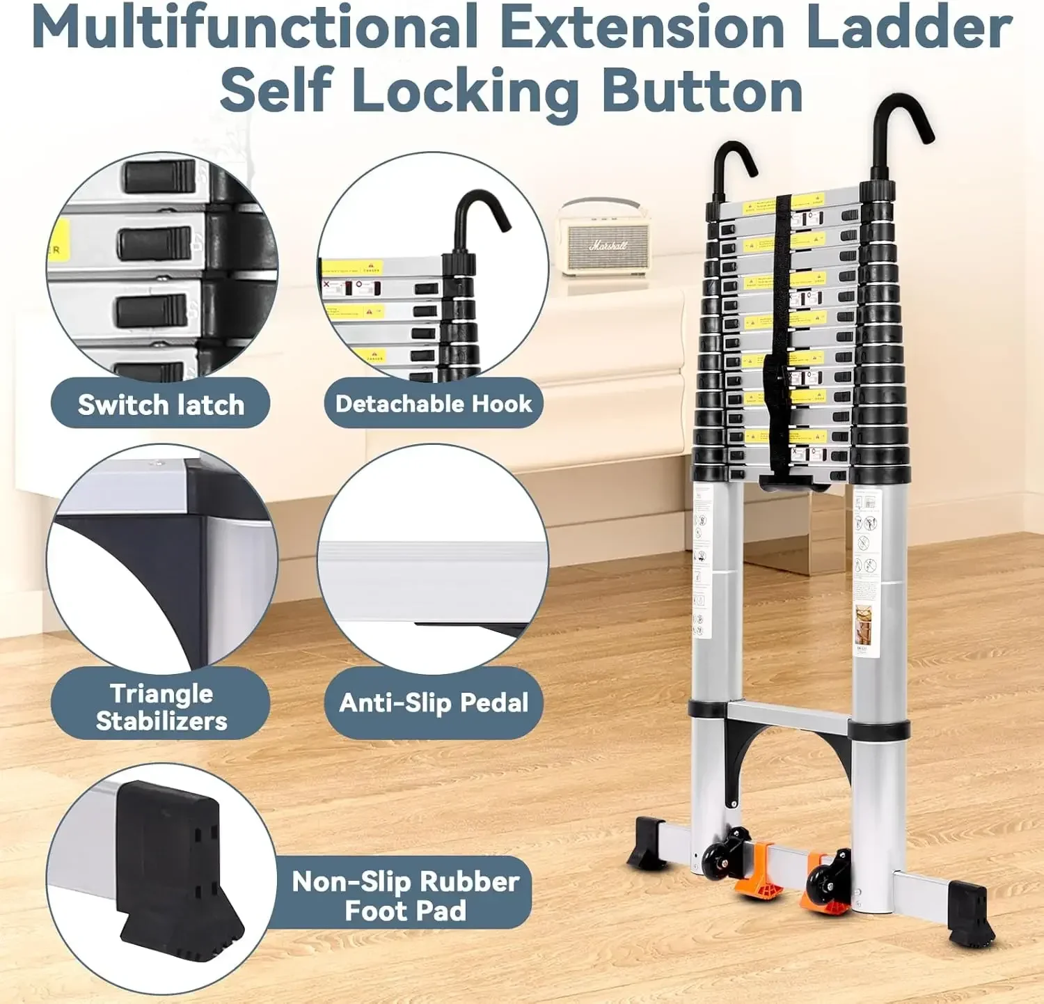 

Telescoping Ladder, Aluminum Extension Ladder w/Triangle Stabilizers & Detachable Hooks