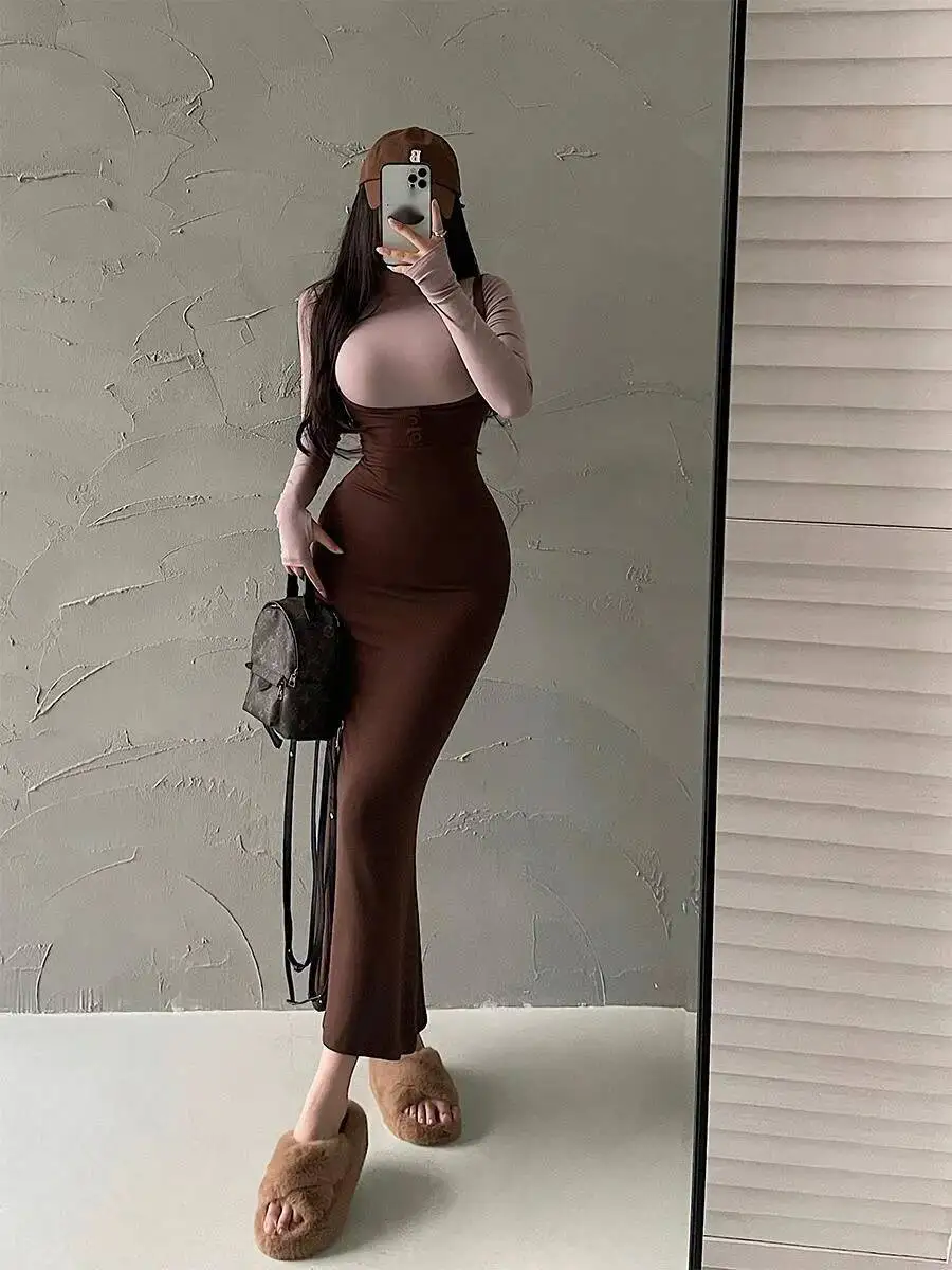 Womengaga sexy apertado cintura alta manga longa camiseta hip fishtail cinta longo maxi vestido vestidos coreano robe topos f8sf