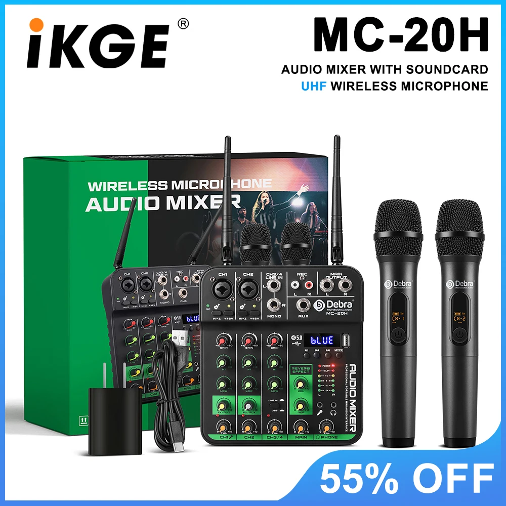 IKGE UHF 4 Channel Audio Mixer With 2 Wireless Microphone Soundcard USB Delay Repaeat Effect Sound Mixing Console PC Recording