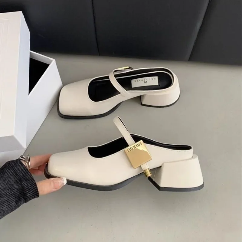 French Style Black Women's Shoes 2024 New Design High Heel Flats Rubber Upper Summer Season Mary Jane Slip-on Sandals