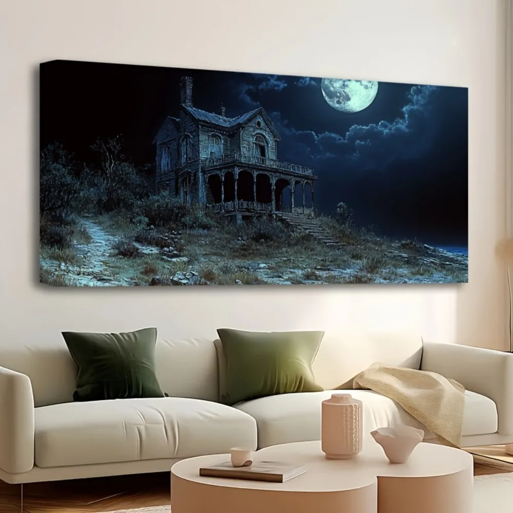 

1.5 inch thick pine solid wood frame, Halloween horror old house - home decor wall art print poster painting large